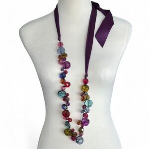 Multicolor Beaded Necklace with Purple Ribbon Tie